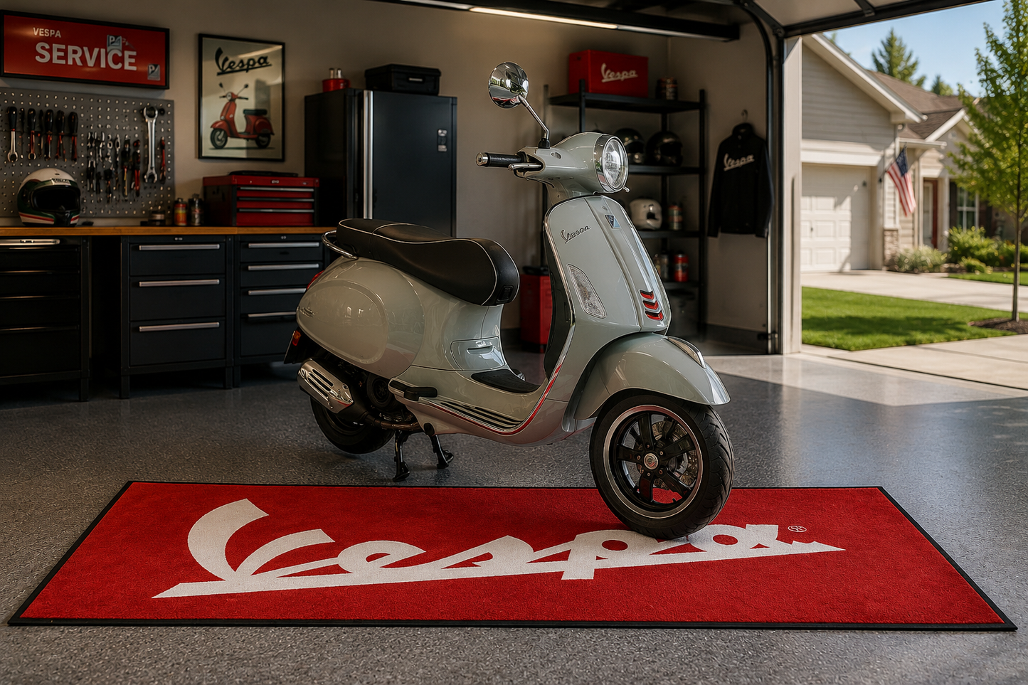 Vespa Motorcycle Garage Floor Mat 32x87 Inches Premium Showroom Rug & Wall Decor Racing Style Bike Carpet