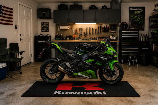 Kawasaki Motorcycle Garage Floor Mat 32x87 Inches Premium Showroom Rug