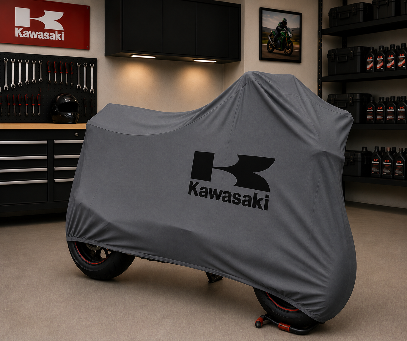Kawasaki Premium Indoor Motorcycle Cover – Soft Breathable Stretch Fabric Garage Dust Protection