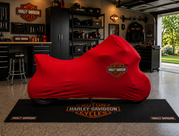 Harley Davidson Motorrad-Teppich & Abdeckung BUNDLE – Wählen Sie Indoor- oder Outdoor-Abdeckung