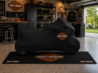 Harley Davidson Motorcycle Rug & Cover BUNDLE – Choose Indoor or Outdoor Cover