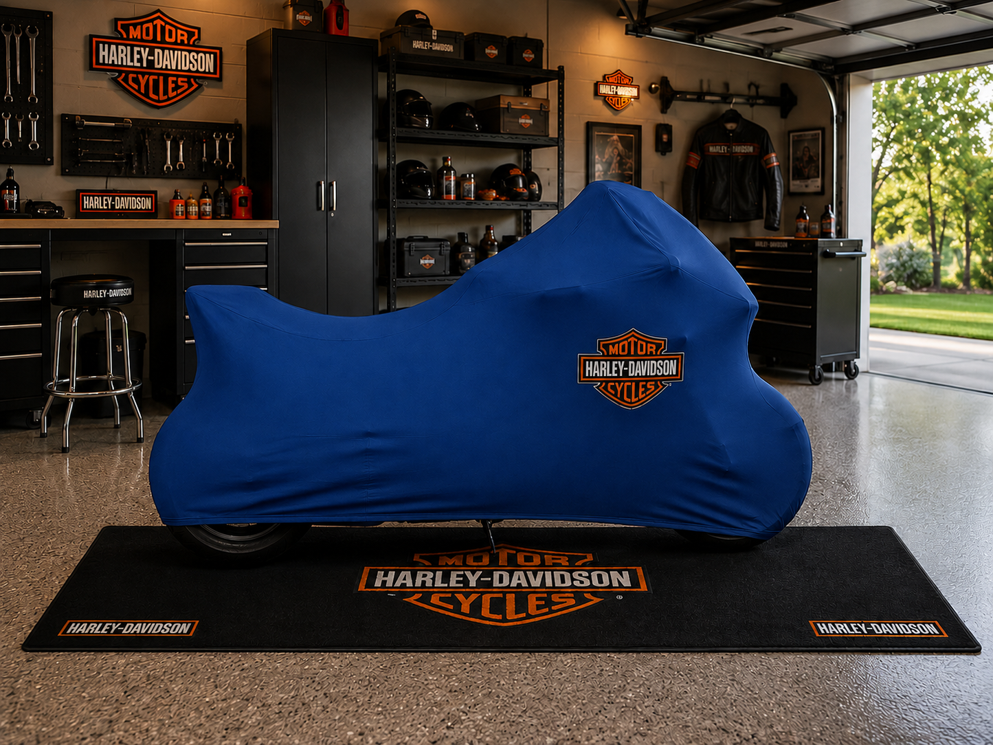 Harley Davidson Motorcycle Rug & Cover BUNDLE – Choose Indoor or Outdoor Cover
