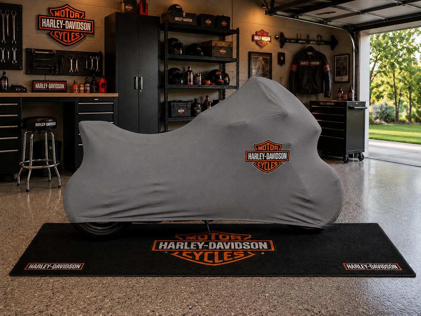 Harley Davidson Motorcycle Rug & Cover BUNDLE – Choose Indoor or Outdoor Cover