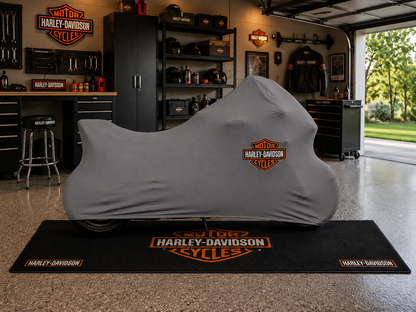 Harley Davidson Motorcycle Rug & Cover BUNDLE – Choose Indoor or Outdoor Cover