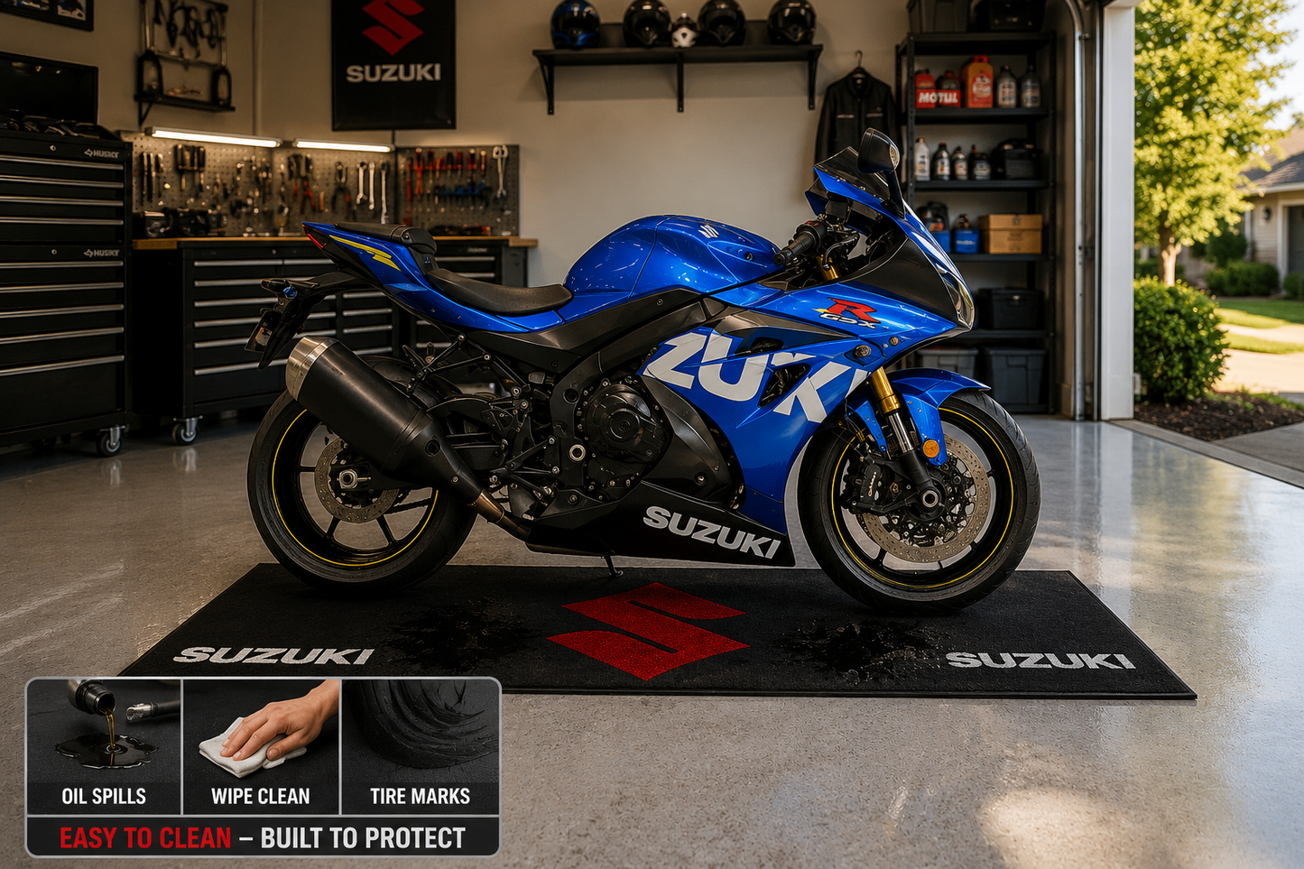 Suzuki Motorcycle Garage Floor Mat 32x87 Inches Premium Showroom Rug