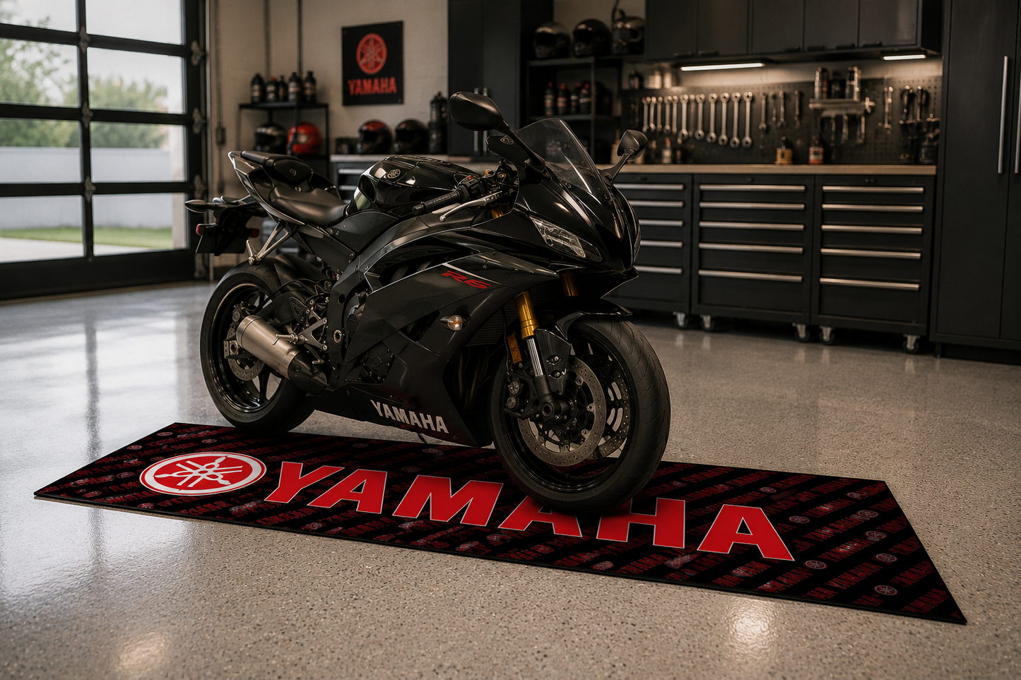 Yamaha Motorcycle Garage Floor Mat 32x87 Inches Premium Showroom Rug
