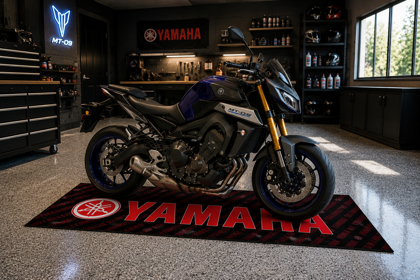 Yamaha Motorcycle Garage Floor Mat 32x87 Inches Premium Showroom Rug
