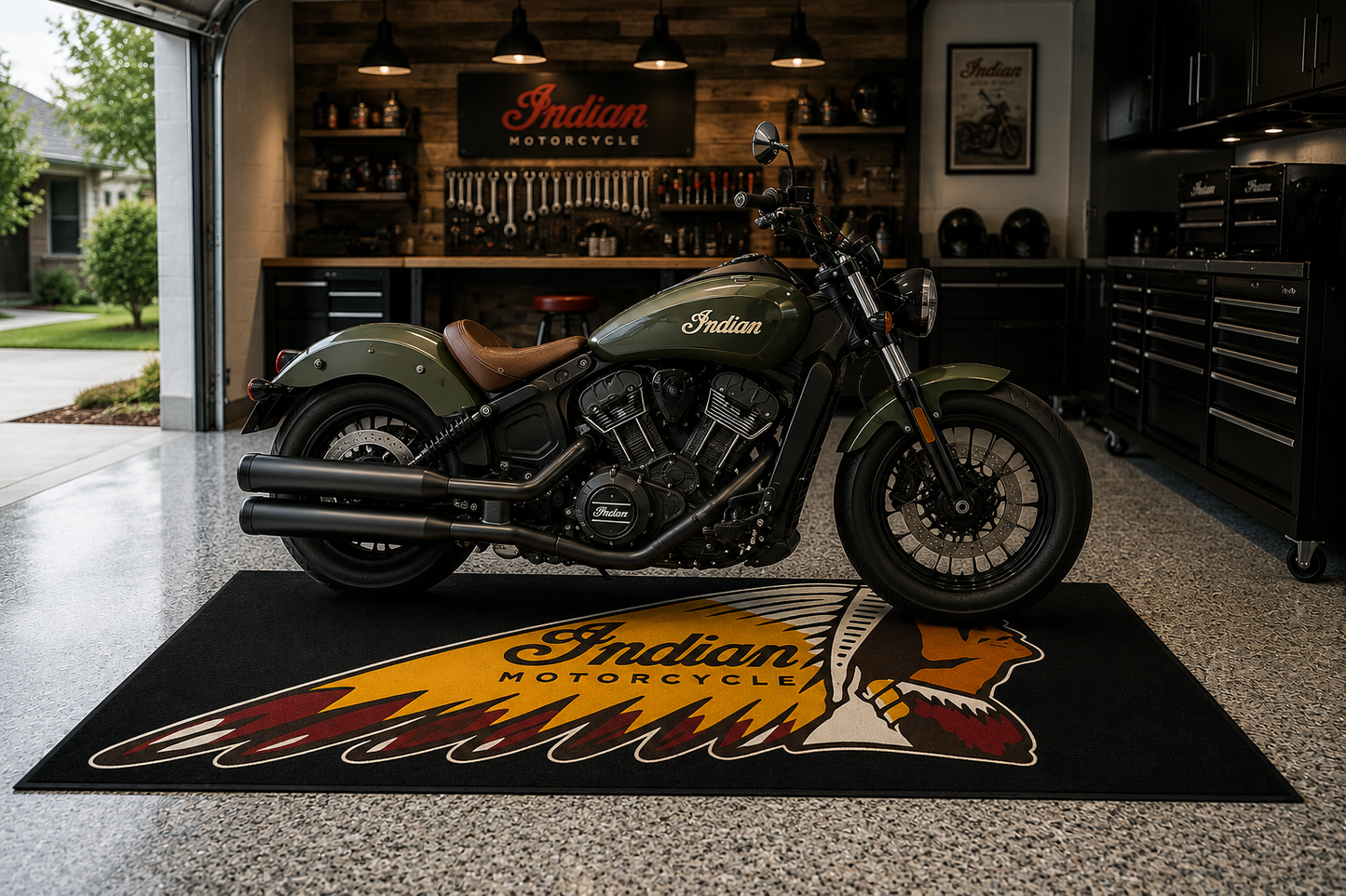 Indian Motorcycle Garage Floor Mat 32x87 Inches Premium Showroom Rug