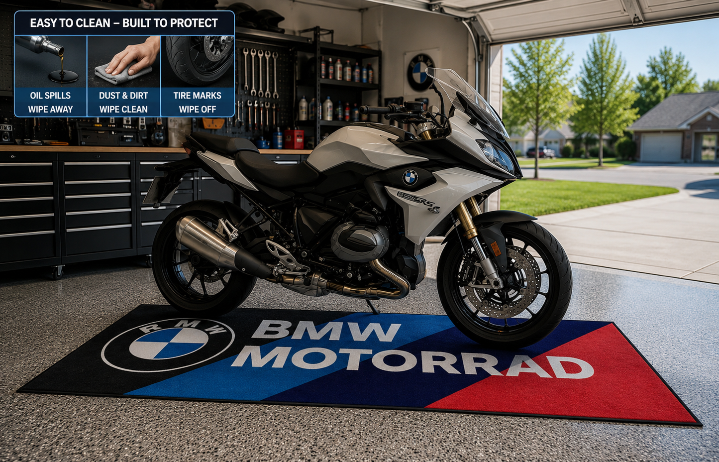 BMW M Motorcycle Garage Floor Mat 5x7 FT (60x87 Inches) Showroom Rug