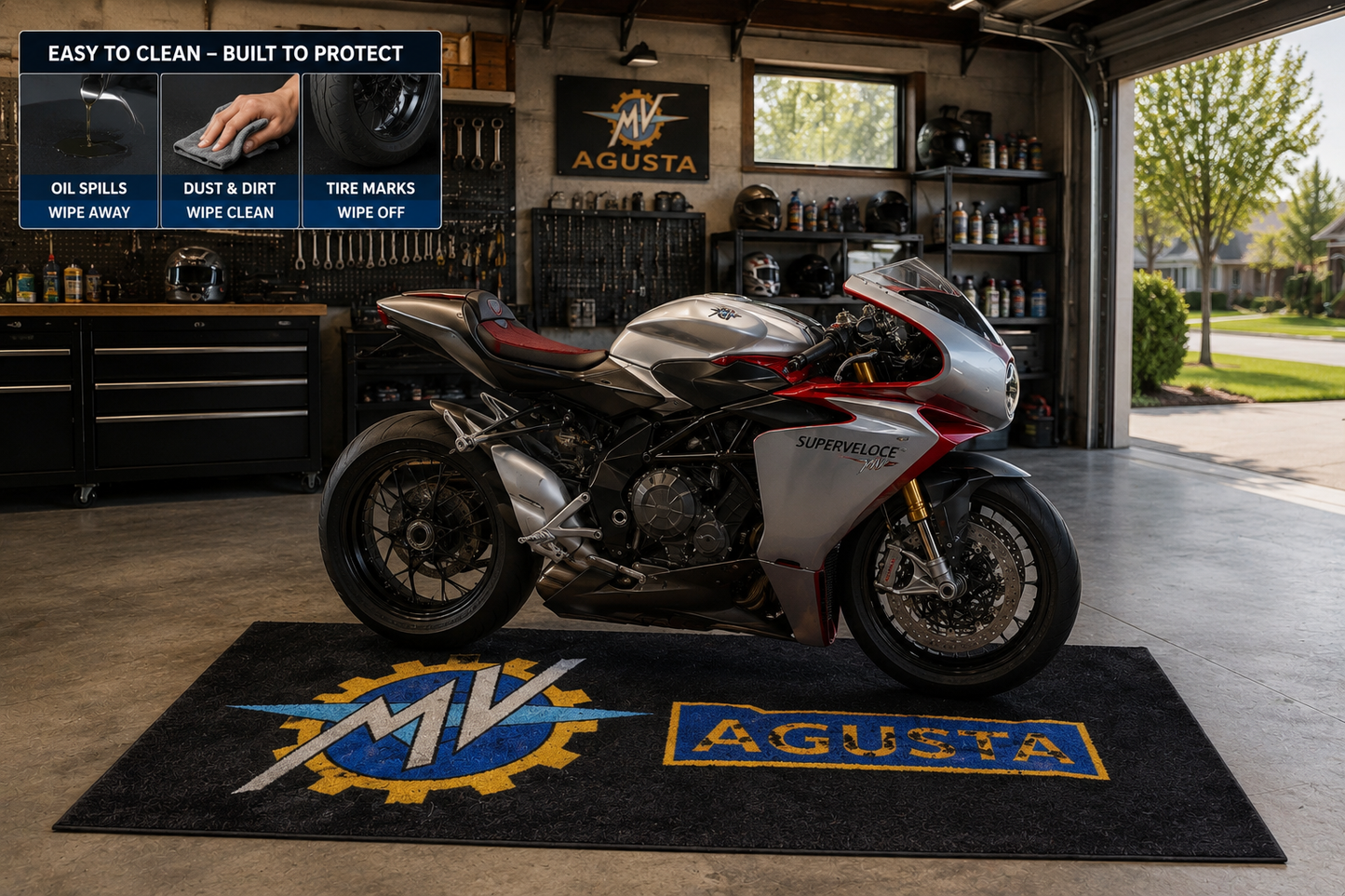 MV AGUSTA Motorcycle Garage Floor Mat 32x87 Inches Premium Showroom Rug