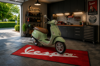 Vespa Motorcycle Garage Floor Mat 32x87 Inches Premium Showroom Rug & Wall Decor Racing Style Bike Carpet