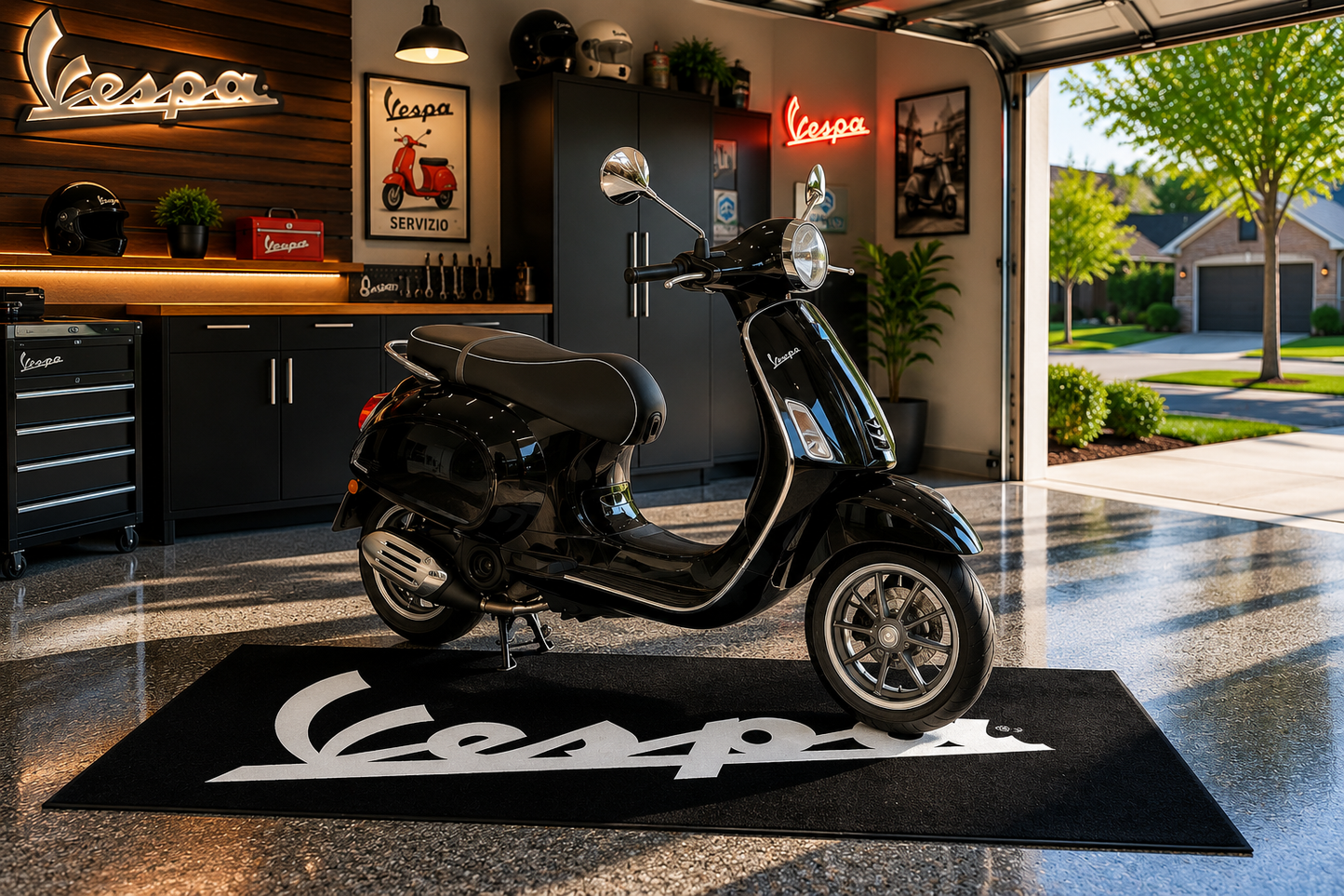 Vespa Motorcycle Garage Floor Mat 32x87 Inches Premium Showroom Rug & Wall Decor Racing Style Bike Carpet