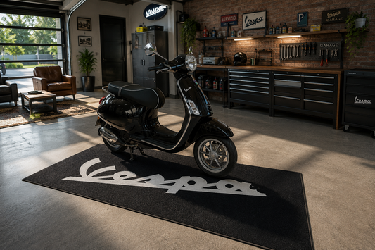 Vespa Motorcycle Garage Floor Mat 32x87 Inches Premium Showroom Rug & Wall Decor Racing Style Bike Carpet