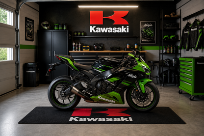 Kawasaki Motorcycle Garage Floor Mat 32x87 Inches Premium Showroom Rug