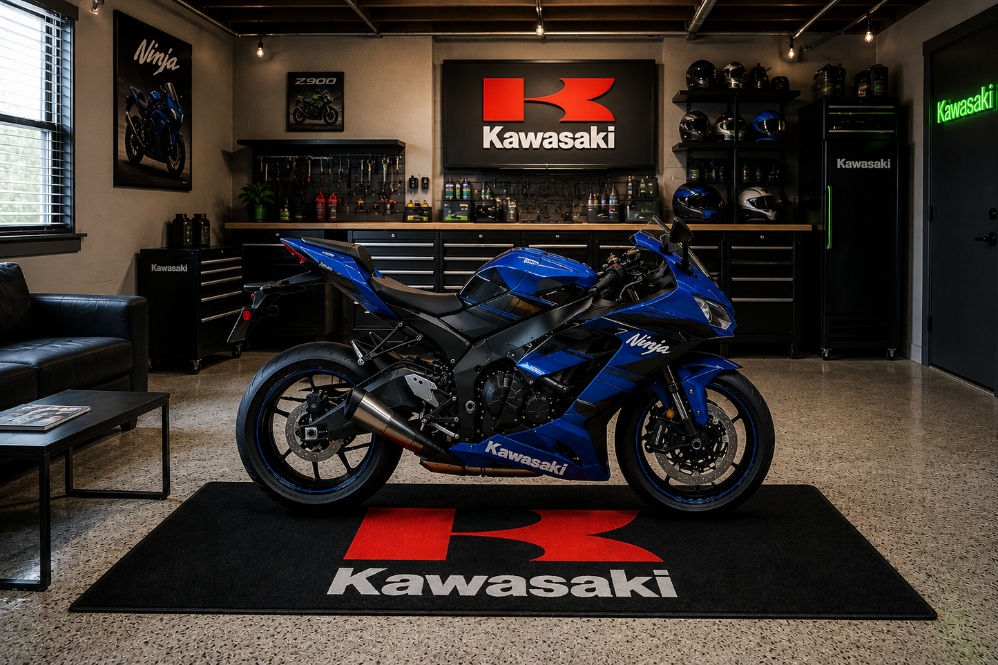 Kawasaki Motorcycle Garage Floor Mat 32x87 Inches Premium Showroom Rug