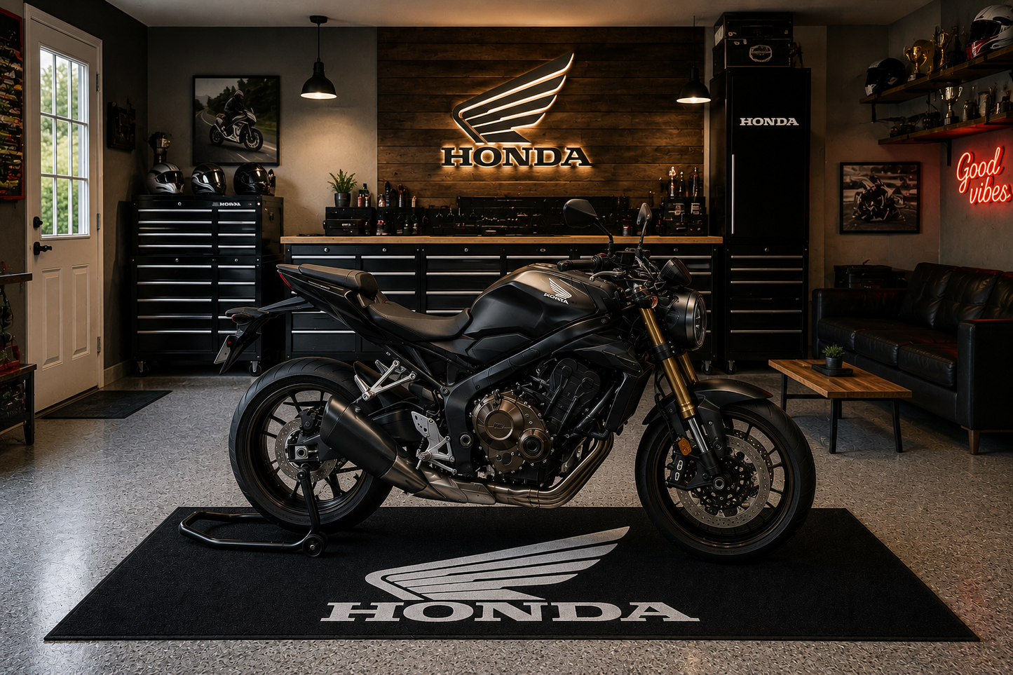 Honda Motorcycle Garage Floor Mat 32x87 Inches Premium Showroom Rug