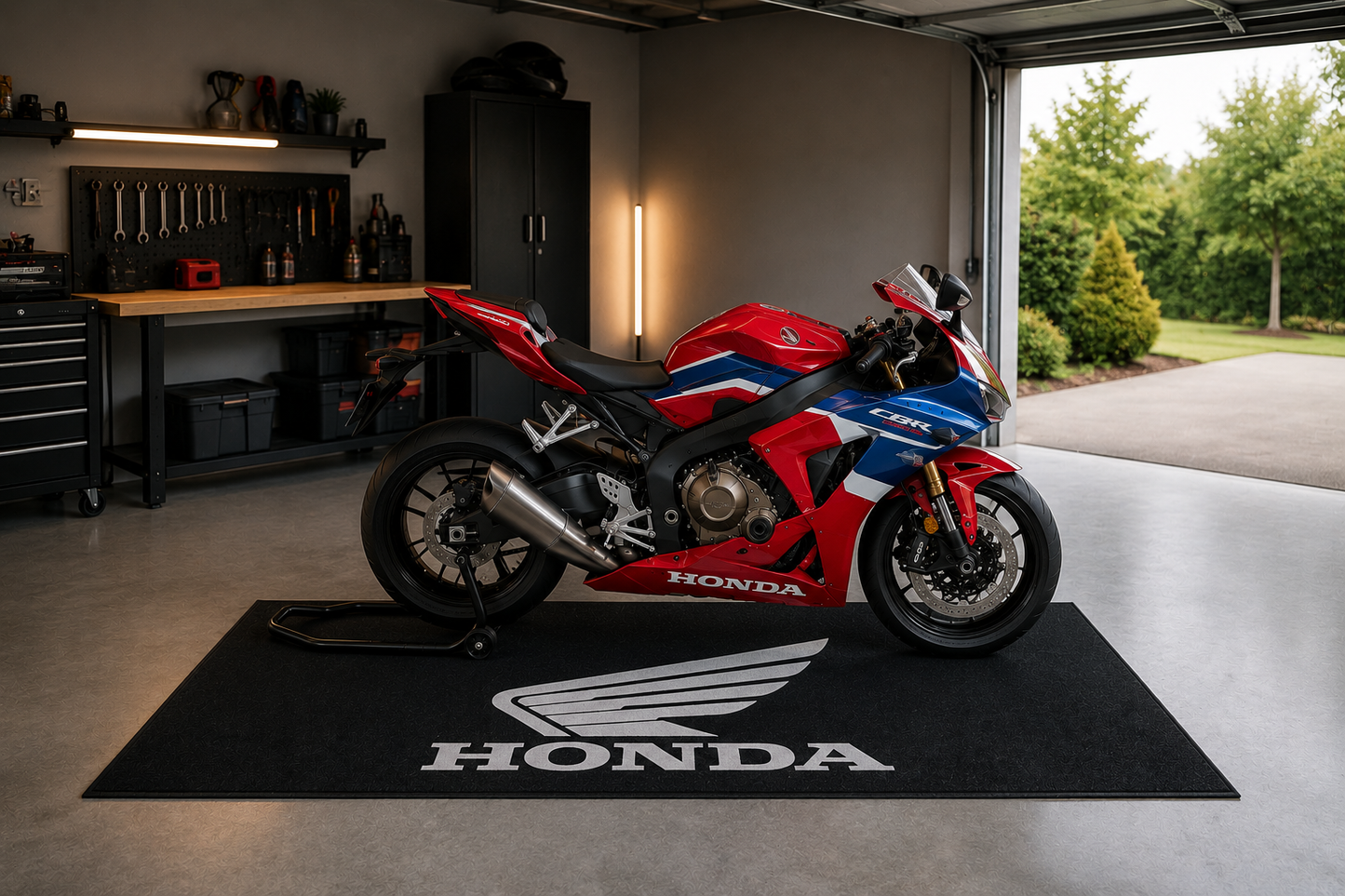 Honda Motorcycle Garage Floor Mat 32x87 Inches Premium Showroom Rug