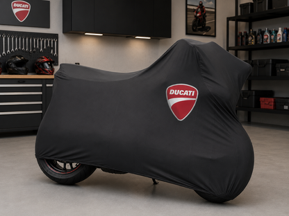 DUCATI Premium Indoor Motorcycle Cover – Soft Breathable Stretch Fabric Garage Dust Protection