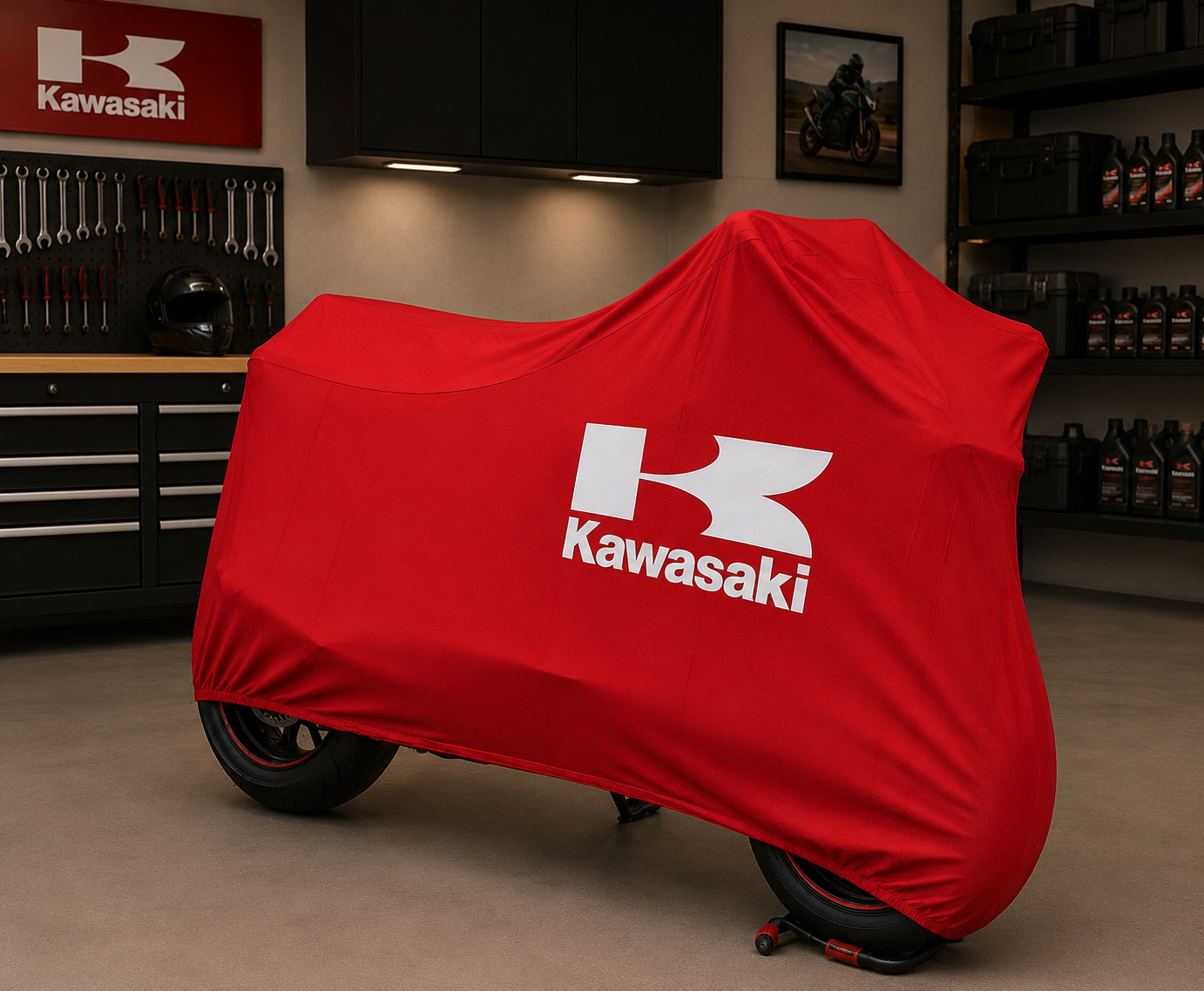 Kawasaki Premium Indoor Motorcycle Cover – Soft Breathable Stretch Fabric Garage Dust Protection