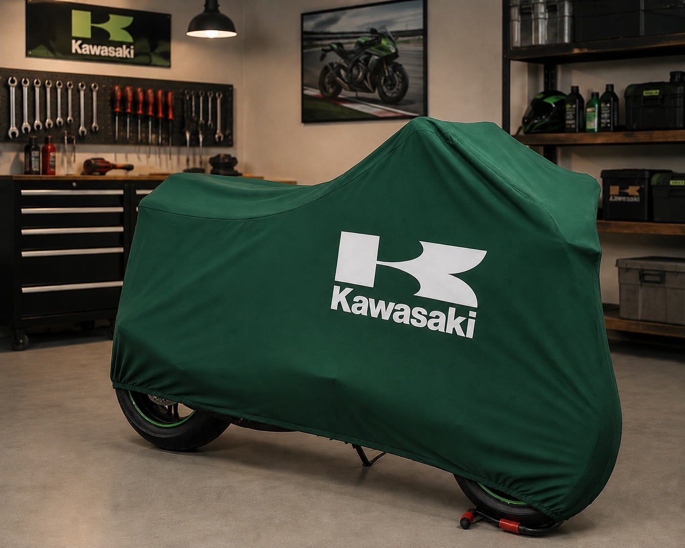 Kawasaki Premium Indoor Motorcycle Cover – Soft Breathable Stretch Fabric Garage Dust Protection