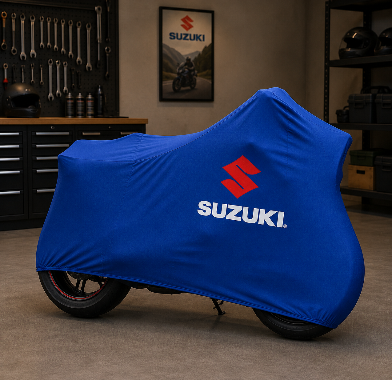 Suzuki Premium Indoor Motorcycle Cover – Soft Breathable Stretch Fabric Garage Dust Protection