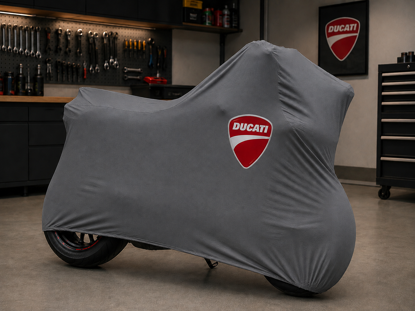 DUCATI Premium Indoor Motorcycle Cover – Soft Breathable Stretch Fabric Garage Dust Protection